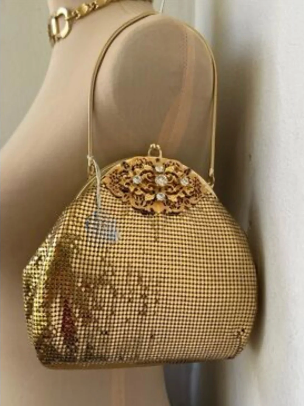 VTG 1960s Whiting Davis Gold Mesh Frame Evening Bag Chain & Crystal Design RARE